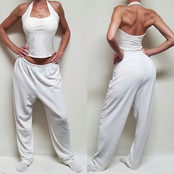 VINTAGE Victoria's Secret White Halter Top Loose Fit High Rise Sweatpants Outfit - Picture 1 of 16